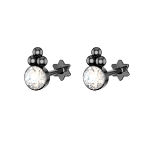 Detail view of black surgical steel ear stud with clear zircon and star back
