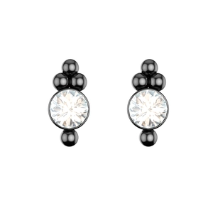 Detail of black PVD piercing earrings with clear cubic zirconia stones on white background