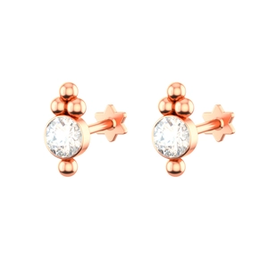 Detail of rose gold stud earrings with round cubic zirconia and star backings