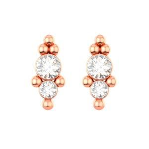 Macro view of vertical double round Czech stones on rose gold stud earrings