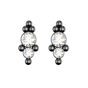 Detailed view of gunmetal earrings with sparkling round crystals and geometric bead accents