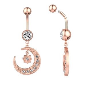 Rose gold moon and star belly button ring with sparkling zircon insets on white background