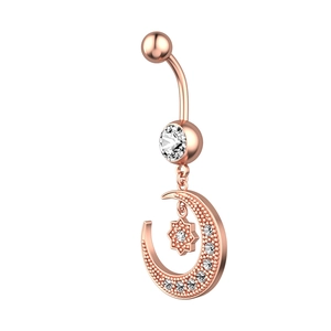 Rose gold crescent moon and star belly button ring with sparkling zircon stones