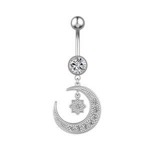 Silver crescent moon and star belly button ring with sparkling zircon insets