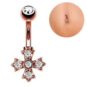 Detailansicht von roségoldenem Bauchnabelpiercing mit Kreuzanhänger und Zirkonia