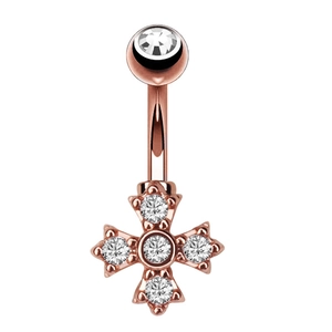 Detailansicht eines roségoldenen Bauchnabelpiercings mit Kreuzanhänger und Zirkonia