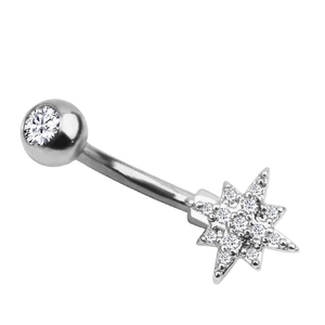 Detailansicht eines silbernen Bauchnabelpiercings mit Sternmotiv und Zirkonia-Steinen