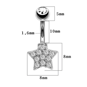 Detailansicht der Bauchnabelpiercing-Maße mit sternförmigem Zirkonia-Anhänger