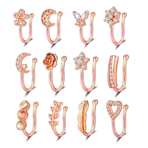 Set de 12 bijoux de nez non percés or rose avec zircons, motifs cœur et papillon