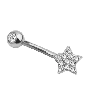 Detail von Silber Bauchnabelpiercing mit weißem Zirkonia Stern und Kugelanhänger