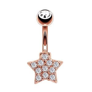 Detailansicht eines roségoldenen Stern-Bauchnabelpiercings mit funkelnden Zirkonias