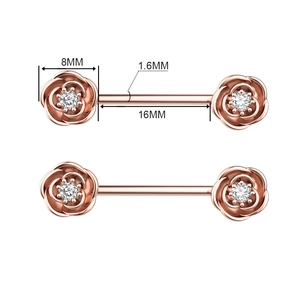 Detailed view of rose gold flower nipple barbells with 1.6mm gauge and 16mm length