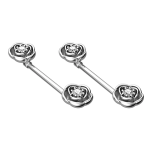 Silver stainless steel nipple rings with flower petals and zircon crystal accents