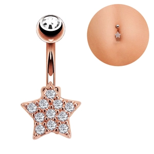 Makroaufnahme von roségoldenem Stern-Bauchnabelpiercing mit Zirkonia und Tragebeispiel