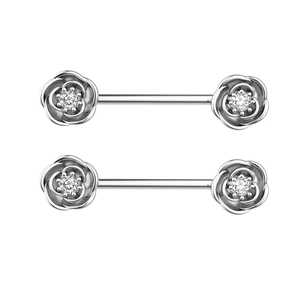 Silver rose flower nipple rings with sparkling cubic zirconia on a barbell piercing stud