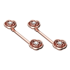 Rose gold petal nipple rings with sparkling zircon center in polished stainless steel