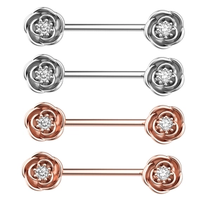 Stainless Steel Rose Flower Nipple Rings With Rhinestone Barbell Piercing Jewelry Rose Gold Silver Body Jewelry For Women