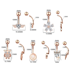 Detailed size guide for rose gold zircon belly rings in heart and flower designs