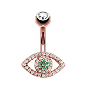 Detailansicht vom Roségold-Bauchnabelpiercing mit grünem und weißem Kristallauge