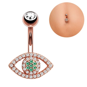 Bauchpiercing in Roségold mit grünem Augenanhänger und Zirkonia-Verzierung
