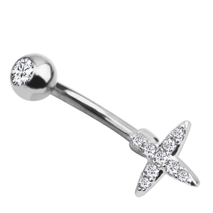 Detail eines silbernen gebogenen Barbells mit Zirkonia-Stern und polierter Metallkugel
