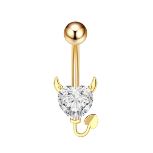 Golden devil heart navel ring with sparkling clear zircon and movable pointed tail