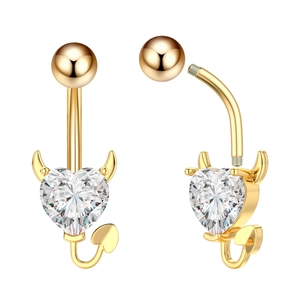 Detail view of devil heart navel ring showing screw thread closure and gold plating