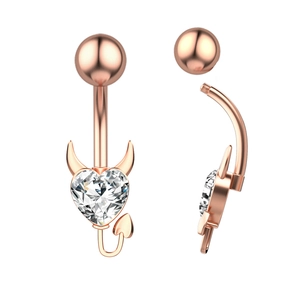 Rose gold devil heart belly button ring with zircon stone and horn detail