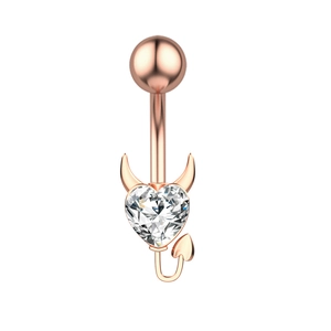 Rose gold devil heart belly button ring with large clear zircon and demon horn detail
