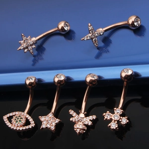 Set mit 6 roségoldenen Bauchnabelpiercings mit Stern-, Augen- und Bienenanhängern und Zirkon