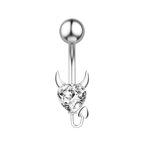 Silver devil heart belly button ring with horns, tail and clear zircon gemstone