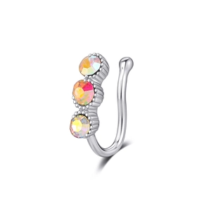 Faux piercing de nez en U argenté avec trois pierres de zircone rondes irisées