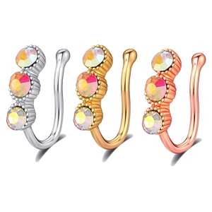Lot de 3 clips de nez en U sans perçage avec zircons aurore en argent or et or rose