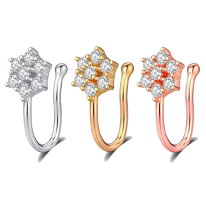 Lot de 3 clips de nez en forme de U sans perçage avec fleurs en zircone de trois couleurs
