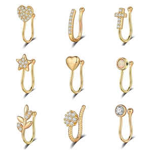 Set di 9 clip per naso dorate senza foro con zirconi e opale in vari design geometrici