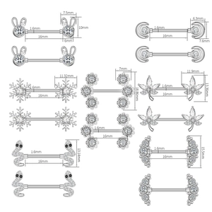 Detailed size guide for silver nipple rings featuring heart and moon zircon designs