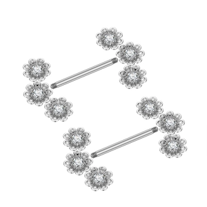 Close-up of silver nipple rings featuring three floral clusters with sparkling zircons