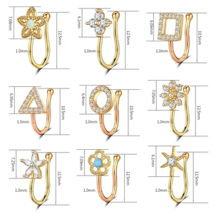 Detailed size specifications for assorted non-pierced gold nose clips with zircon accents