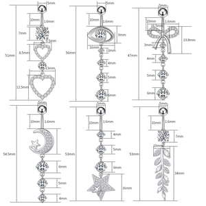 Detailed size guide for silver navel rings featuring moon star and heart zircon charms
