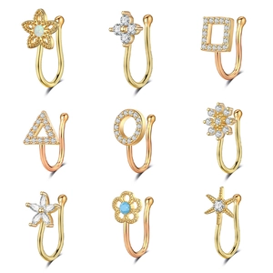 Set of 9 non-piercing gold U-shaped nose clips with sparkling zircon and opal stones