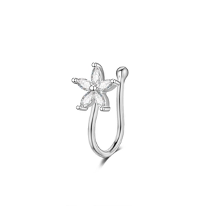 Close-up of silver U-shaped non-piercing nose clip with five-petal marquise zircon flower