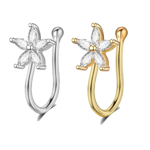 U-shaped non-pierced nose clips with flower zircon design in gold and silver finish