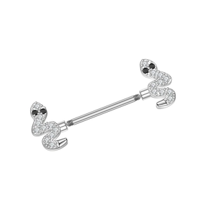 Detailed view of silver snake nipple barbell with white cubic zirconia and black gems