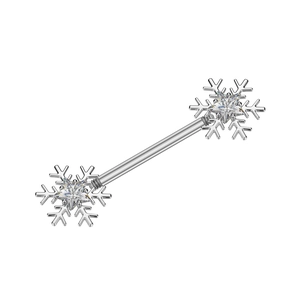 Macro detail of snowflake nipple ring with sparkling star-cut zircon and silver steel bar