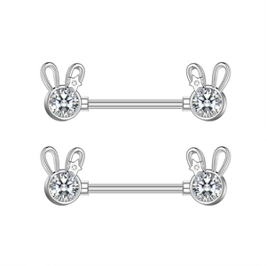 Silver rabbit-shaped nipple rings with sparkling cubic zirconia stars on a white background
