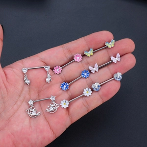 Silver stainless steel nipple rings with colorful zircon butterflies and sunflower charms