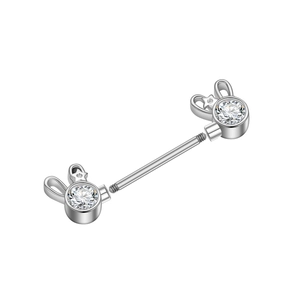 Close-up of barbell nipple ring featuring sparkling zircon and cute bunny ear design