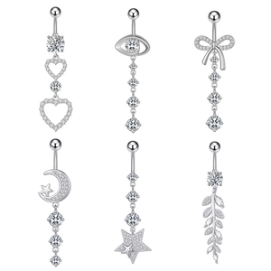 Set of 6 silver belly rings with moon star heart and eye designs in cubic zirconia