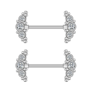 Detailed view of silver stainless steel nipple rings with crescent zircon inlay