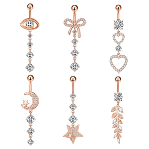 6-piece rose gold belly button ring set with moon, star, eye, and leaf zircon charms